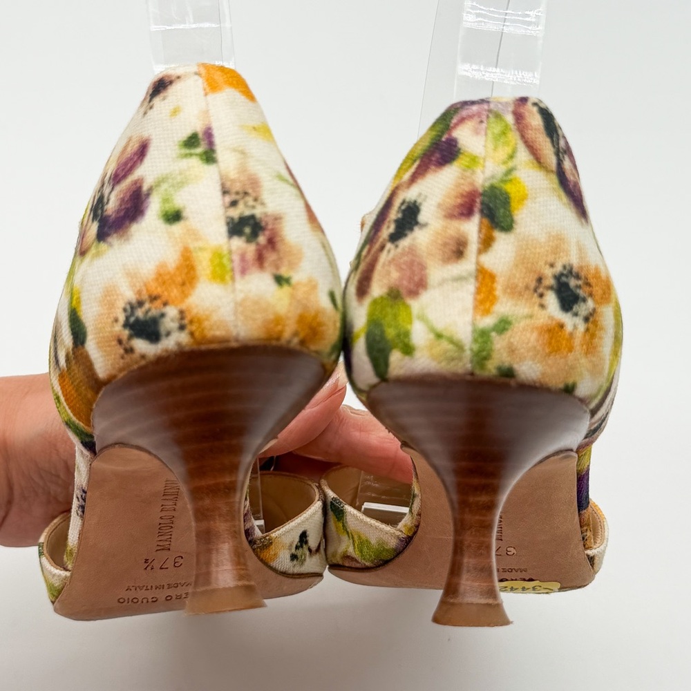 Manolo Blahnik Vintage Floral Canvas Slingback Kitten Heel Pumps EU 37.5 US 7.5 - Picture 5 of 14
